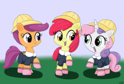Size: 3496x2362 | Tagged: safe, artist:taurson, apple bloom, scootaloo, sweetie belle, earth pony, pony, g4, adorabloom, cute, cutealoo, cutie mark crusaders, diasweetes, female, high res, kindergarten uniform, mare, smiling, weapons-grade cute