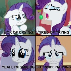 Size: 567x567 | Tagged: safe, editor:pony-berserker, rarity, pony, g4, crying, dead inside, depression, floppy ears, meme, sad, sick of crying, smiling