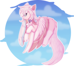 Size: 1484x1314 | Tagged: safe, artist:sora-choi, oc, oc only, oc:pastel cake, pegasus, pony, bell, bell collar, chest fluff, coat markings, collar, colored wings, colored wingtips, ear fluff, female, mare, paws, signature, socks (coat markings), solo, spread wings, wings