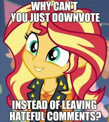 Size: 500x559 | Tagged: safe, edit, edited screencap, editor:apex soundwave, screencap, sunset shimmer, equestria girls, equestria girls specials, g4, my little pony equestria girls: better together, my little pony equestria girls: rollercoaster of friendship, caption, female, image macro, impact font, irony, reaction image, solo, text