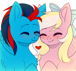 Size: 1637x1525 | Tagged: safe, artist:avrameow, oc, oc only, oc:bay breeze, oc:swiftwing, pegasus, pony, blushing, bow, couple, cuddling, cute, duo, duo male and female, eyes closed, female, hair bow, heart, male, mare, oc x oc, shipping, stallion, straight, swiftbreeze, wings