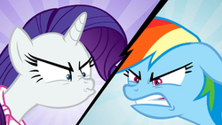 Size: 350x197 | Tagged: safe, screencap, rainbow dash, rarity, pony, g4, the end in friend, angry, faic, picture for breezies