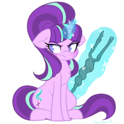 Size: 1280x1280 | Tagged: safe, artist:purrling, grubber, starlight glimmer, pony, unicorn, g4, my little pony: the movie, the cutie map, blushing, chest fluff, cute, ear fluff, female, floppy ears, glimmerbetes, glowing, glowing horn, horn, magic, mare, s5 starlight, simple background, sitting, solo, staff, staff of sameness, telekinesis, transparent background, unamused