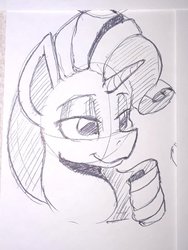 Size: 723x959 | Tagged: safe, artist:post-it, rarity, pony, unicorn, g4, bust, female, ink drawing, mare, monochrome, simple background, sketch, smiling, solo, traditional art, white background