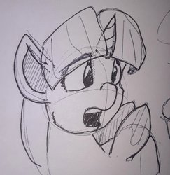 Size: 717x737 | Tagged: safe, artist:post-it, twilight sparkle, alicorn, pony, g4, bust, female, ink drawing, mare, monochrome, open mouth, simple background, sketch, solo, traditional art, twilight sparkle (alicorn), white background