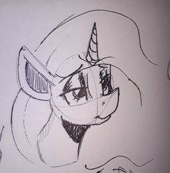 Size: 773x785 | Tagged: safe, artist:post-it, princess celestia, alicorn, pony, g4, bust, female, ink drawing, lidded eyes, mare, monochrome, simple background, sketch, smiling, solo, traditional art, white background