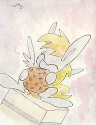 Size: 695x907 | Tagged: safe, artist:slightlyshade, derpy hooves, pegasus, pony, g4, box, cookie, eating, eyes closed, female, food, solo, traditional art