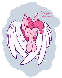 Size: 1200x1500 | Tagged: safe, artist:heir-of-rick, pinkie pie, princess celestia, alicorn, earth pony, pony, g4, comfy, dialogue, duo, ear fluff, eyes closed, female, heart, hug, impossibly large ears, mare, tongue out, winghug, wings