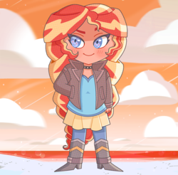Size: 1000x985 | Tagged: safe, artist:miiette, sunset shimmer, human, equestria girls, g4, chibi, cloud, cute, female, hand in pocket, no nose, shimmerbetes, solo, sunset
