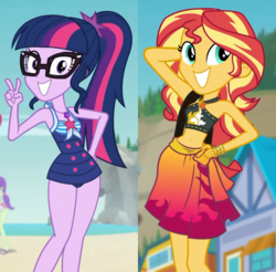Size: 4000x3934 | Tagged: safe, screencap, sci-twi, sunset shimmer, twilight sparkle, equestria girls, equestria girls series, forgotten friendship, adorasexy, beach, beautiful, belly button, bikini, bikini top, clothes, comparison, cute, geode of empathy, geode of fauna, geode of shielding, geode of sugar bombs, geode of super speed, geode of super strength, geode of telekinesis, glasses, magical geodes, one-piece swimsuit, peace sign, ponytail, pose, sarong, sexy, sexy egghead, shoulder bag, sky, sleeveless, smiling, stupid sexy sunset shimmer, stupid sexy twilight, sunset selfie, swimsuit, teeth