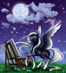 Size: 2700x3000 | Tagged: safe, artist:the-blue-unicorn, oc, oc only, pegasus, pony, high res, moon, paintbrush, painting, solo, stars
