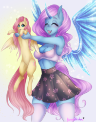 Size: 1153x1460 | Tagged: safe, artist:bunnywhiskerz, fluttershy, oc, oc:queen crystalline, alicorn, pegasus, pony, anthro, g4, alicorn oc, anthro oc, anthro with ponies, armpits, bra, breasts, cleavage, clothes, colored hooves, cute, duo, eyes closed, female, holding a pony, mare, miniskirt, open mouth, patreon, patreon reward, skirt, socks, thigh highs, underwear, white underwear