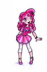 Size: 728x1097 | Tagged: safe, artist:enigmatia, pinkie pie, human, g4, bracelet, clothes, cute, diapinkes, female, high heels, humanized, jewelry, leggings, open mouth, shoes, simple background, skirt, solo, white background