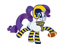 Size: 850x600 | Tagged: safe, editor:miss connie, rarity, pony, g4, american football, clothes, female, helmet, los angeles rams, nfl, nfl playoffs, simple background, socks, solo, sports, striped socks, super bowl, super bowl liii, white background