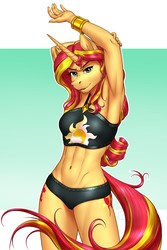 Size: 1900x2850 | Tagged: safe, alternate version, artist:mykegreywolf, sunset shimmer, unicorn, anthro, g4, abs, armpits, belly button, bikini, bracelet, breasts, clothes, female, hoers, jewelry, mare, midriff, reasonably sized breasts, smiling, solo, sports, stretching, summer sunset, swimsuit, toned