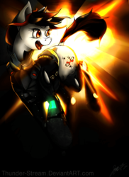 Size: 2550x3510 | Tagged: safe, artist:thunder-stream, oc, oc only, oc:blackjack, pony, unicorn, fallout equestria, fallout equestria: project horizons, 2015, explosion, fanfic art, female, fire, high res, mare, open mouth, pipbuck