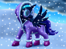 Size: 4000x3000 | Tagged: safe, artist:vasillium, oc, oc only, oc:nyx, alicorn, pony, alicorn oc, boots, cloud, cloudy, coveralls, cutie mark, cutie mark on clothes, day, female, filly, glasses, happy, headband, mare, open mouth, outdoors, shoes, sky, snow, snow boots, solo, spread wings, wings