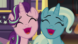 Size: 1280x720 | Tagged: safe, screencap, starlight glimmer, trixie, pony, unicorn, g4, road to friendship, cute, diatrixes, duo, eyes closed, female, glimmerbetes, mare, open mouth, trixie's wagon