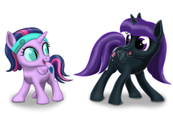 Size: 1600x1057 | Tagged: safe, artist:vasillium, twilight sparkle, oc, oc:nyx, alicorn, pony, g4, alicorn oc, and do a little shake, clothes, cutie mark, daughter, family, female, filly, happy, headband, mare, mother, mother and daughter, nostrils, open mouth, palette swap, recolor, royalty, shadow, simple background, slit pupils, standing, transparent background, twilight sparkle (alicorn)