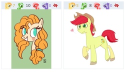 Size: 726x419 | Tagged: safe, artist:gintoki23, artist:taylerscribbles, bright mac, pear butter, oc, oc only, oc:comment, oc:downvote, oc:favourite, oc:upvote, pony, derpibooru, g4, the perfect pear, applejack's dad, applejack's mom, applejack's parents, blushing, brightabetes, bust, colored pupils, cute, derpibooru ponified, female, green background, heart, juxtaposition, juxtaposition win, male, mare, meme, meta, no pupils, pearabetes, ponified, portrait, ship:brightbutter, shipping, simple background, smiling, stallion, straight, unshorn fetlocks