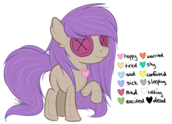 Size: 600x434 | Tagged: safe, artist:sinamuna, oc, oc only, oc:mumble fluff, original species, plush pony, pony, au:equuis, ambiguous gender, base used, brown fur, button eyes, color key, colt, female, filly, heart, male, moods, plushie, purple hair, redesign, solo, stitches, updated design, young