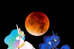 Size: 2000x1333 | Tagged: safe, artist:dashiesparkle, artist:sketchmcreations, princess celestia, princess luna, alicorn, pony, g4, amused, annoyed, blood moon, celestia is not amused, duo, eclipse, female, frown, lunar eclipse, mare, moon, photomanipulation, royal sisters, siblings, sisters, smiling, smirk, smugluna, super blood wolf moon, unamused