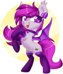Size: 1664x1949 | Tagged: safe, artist:sickly-sour, oc, oc only, oc:violet moonflower, bat pony, pony, bat pony oc, choker, clothes, fangs, flower, jewelry, necklace, pink eyes, pink hair, pink mane, rearing, simple background, smiling, socks, solo, transparent background