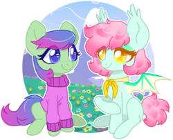 Size: 1949x1580 | Tagged: safe, artist:sickly-sour, oc, oc only, oc:sweet pea, bat pony, earth pony, pony, bat wings, clothes, looking at each other, pink mane, purple eyes, purple mane, raised hoof, short tail, sitting, sweater, wings, yellow eyes
