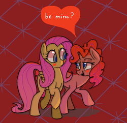 Size: 3249x3144 | Tagged: safe, artist:docwario, fluttershy, pinkie pie, earth pony, pegasus, pony, g4, female, heart, high res, lesbian, looking at each other, mare, open mouth, raised hoof, ship:flutterpie, shipping