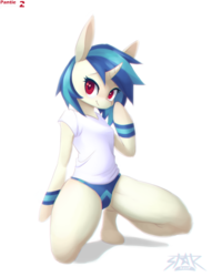 Size: 1300x1700 | Tagged: safe, artist:stardep, dj pon-3, vinyl scratch, unicorn, anthro, unguligrade anthro, art pack:pantiepalooza2, g4, arm hooves, blue underwear, clothes, cute, female, looking at you, mare, panties, panty shot, solo, underwear, vinylbetes