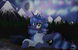 Size: 3500x2250 | Tagged: safe, artist:darkest-lunar-flower, princess luna, alicorn, pony, g4, apple, basket, blushing, clothes, commission, cute, ear fluff, female, food, high res, jewelry, lying down, mare, moon, nature, night, regalia, smiling, sweater