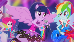 Size: 1920x1080 | Tagged: safe, screencap, pinkie pie, rainbow dash, rarity, twilight sparkle, alicorn, equestria girls, g4, my little pony equestria girls: rainbow rocks, perfect day for fun, drums, female, guitar, microphone, musical instrument, ponied up, singing, twilight sparkle (alicorn), wings