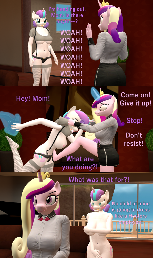 1940641 - questionable, artist:papadragon69, princess cadance, princess  flurry heart, anthro, g4, 3d, angry, assisted exposure, big breasts,  braless, breasts, busty princess flurry heart, clothed female nude female,  clothes, covering, embarrassed