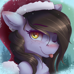 Size: 1800x1800 | Tagged: safe, artist:ardail, oc, oc only, oc:tail, pegasus, pony, christmas, female, freckles, hat, holiday, icon, looking at you, mare, one eye closed, santa hat, snow, snowfall, solo, tongue out, tree, wink