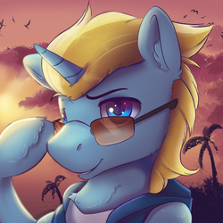 Size: 1800x1800 | Tagged: safe, artist:ardail, oc, oc only, oc:skybolt, pony, unicorn, clothes, cloud, glasses, icon, male, sky, smiling, solo, stallion, tree