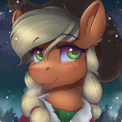 Size: 1800x1800 | Tagged: safe, artist:ardail, applejack, earth pony, pony, g4, applejack's hat, blushing, clothes, cowboy hat, cute, female, hat, icon, jackabetes, mare, open mouth, smiling, snow, snowfall, solo, tree