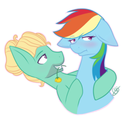 Size: 721x686 | Tagged: safe, artist:luminoxie, rainbow dash, zephyr breeze, pony, g4, blushing, bust, cute, female, floppy ears, flower, flower in mouth, lemme smash, male, mouth hold, ship:zephdash, shipping, signature, simple background, straight, transparent background, tsunderainbow, tsundere