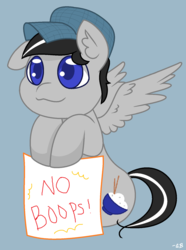 Size: 713x960 | Tagged: safe, artist:gblacksnow, oc, oc only, oc:chopsticks, pegasus, pony, boop, cute, foal, hat, imminent boop, sign, simple background, solo, tempting fate, text, this will end in boops, younger