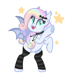 Size: 1024x1096 | Tagged: safe, artist:ashidaii, oc, oc only, oc:spectral prism, bat pony, pony, bat pony oc, bipedal, choker, clothes, female, mare, rainbow hair, rearing, simple background, slit pupils, socks, solo, striped socks, transparent background, underhoof