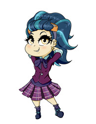 Size: 1550x2000 | Tagged: safe, artist:albertbm, indigo zap, equestria girls, g4, chibi, clothes, crystal prep academy uniform, cute, ear piercing, female, goggles, human coloration, piercing, pleated skirt, school uniform, shoes, simple background, skirt, socks, solo, white background