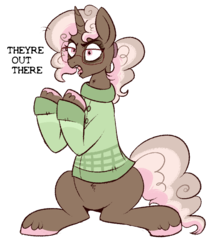 Size: 650x752 | Tagged: safe, artist:lulubell, oc, oc only, oc:neighsayer, pony, unicorn, clothes, conspiracy theory, female, glasses, mare, simple background, sitting, solo, sweater, transparent background