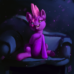 Size: 2000x2000 | Tagged: safe, artist:imoriginalposter, artist:smutsage, tempest shadow, pony, unicorn, g4, broken horn, chubby, colored, complex background, couch, female, high res, horn, mare, sitting, smug, solo, wat