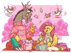 Size: 2828x2121 | Tagged: safe, artist:yami-sempai, discord, fluttershy, draconequus, pegasus, pony, g4, cute, discute, female, high res, male, mare, night, open mouth, ship:discoshy, shipping, shyabetes, straight, tree