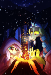Size: 1378x2039 | Tagged: safe, artist:zlayd-oodles, discord, fluttershy, draconequus, pegasus, pony, g4, female, male, mare, night, ship:discoshy, shipping, straight, tree, volcano