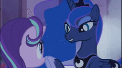 Size: 500x280 | Tagged: safe, edit, edited edit, edited screencap, screencap, princess luna, starlight glimmer, alicorn, pony, unicorn, g4, to where and back again, animated, boop, eye contact, female, frown, grin, lidded eyes, lip bite, looking at each other, mare, music, smiling, sound, underhoof, webm