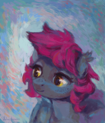 Size: 700x820 | Tagged: safe, artist:maddy72, artist:malinetourmaline, oc, oc only, oc:nyct, bat pony, pony, bust, female, looking away, mare, painting, portrait, solo, three quarter view