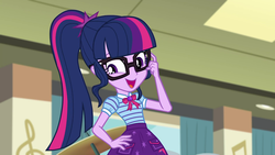 Size: 1920x1080 | Tagged: safe, screencap, sci-twi, twilight sparkle, equestria girls, g4, my little pony equestria girls: better together, overpowered (equestria girls), cute, cute face, female, geode of telekinesis, magical geodes, ponytail, smiling, solo, twiabetes