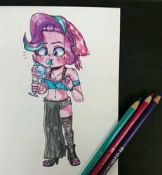 Size: 1064x1150 | Tagged: safe, artist:art-graphy14, starlight glimmer, equestria girls, equestria girls specials, g4, mirror magic, beanie, breasts, cleavage, clothes, dress, female, food, hat, ice cream, messy eating, solo, traditional art