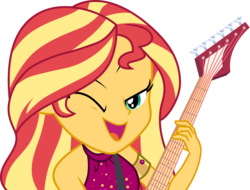 Size: 3946x3000 | Tagged: safe, artist:cloudy glow, sunset shimmer, equestria girls, equestria girls specials, g4, my little pony equestria girls: better together, my little pony equestria girls: spring breakdown, all good (song), clothes, electric guitar, female, guitar, high res, musical instrument, one eye closed, simple background, sleeveless, smiling, solo, transparent background, vector, wink