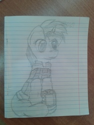 Size: 810x1080 | Tagged: safe, artist:terminalhash, oc, oc only, oc:blackjack, pony, fallout equestria, fallout equestria: project horizons, clothes, female, jumpsuit, lined paper, mare, pipbuck, sketch, solo, traditional art, vault suit